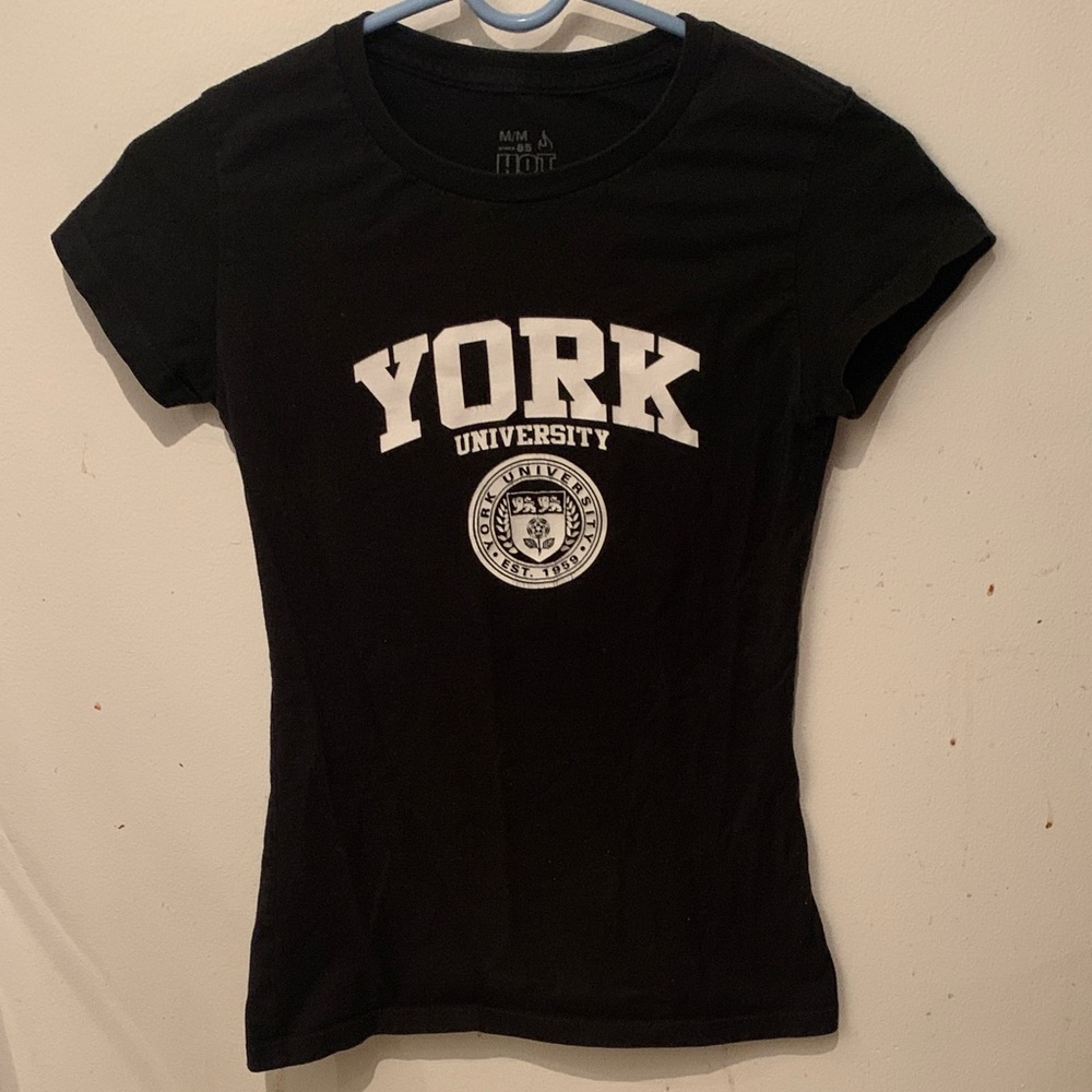 Black with white print York University Hotline 100% Cotton Crewneck T-Shirt SZ M